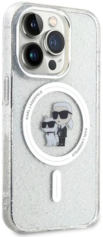 Apple iPhone 15 Pro Karl Lagerfeld dėklas Karl&Choupette Glitter MagSafe (KLHMP15LHGKCNOT) skaidrus