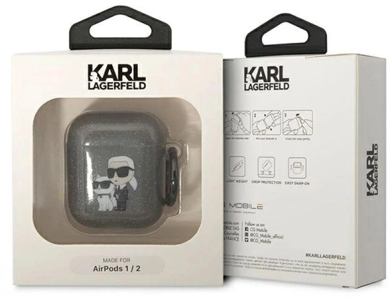 Karl Lagerfeld KLA2HNKCTGK Airpods 1/2 dėklas juodos spalvos Glitter Karl&Choupette