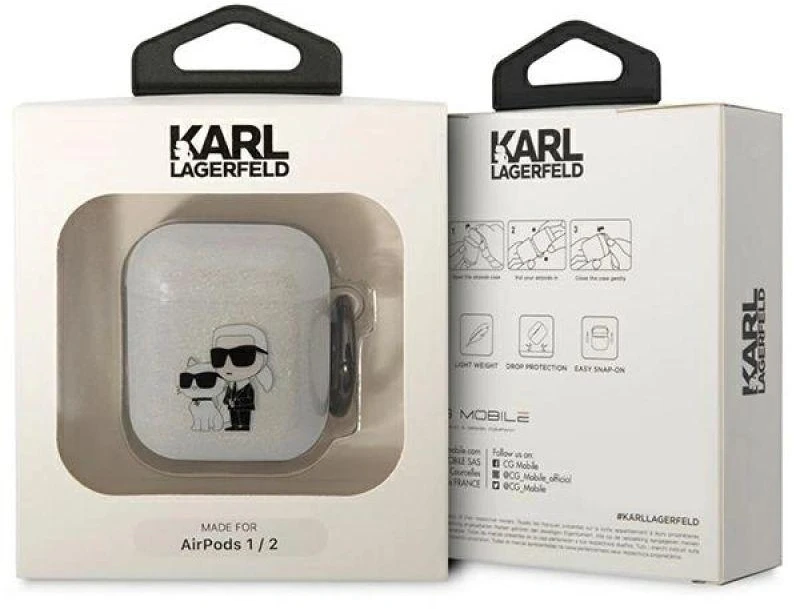 Karl Lagerfeld KLA2HNKCTGT Airpods 1/2 dėklas, permatomas su blizgučiais Karl & Choupette