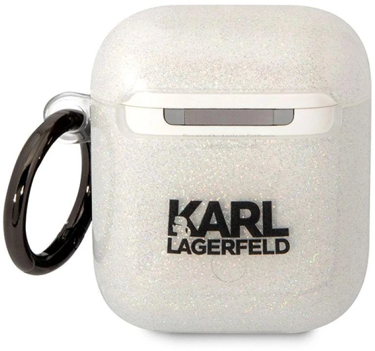 Karl Lagerfeld KLA2HNKCTGT Airpods 1/2 dėklas, permatomas su blizgučiais Karl & Choupette
