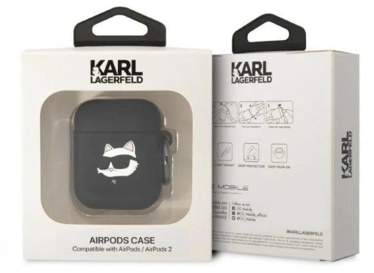 Karl Lagerfeld KLA2RUNCHK AirPods 1/2 dėklas, juodas/juodas, Silikoninis, Choupette Head 3D