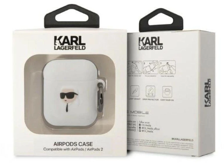 Karl Lagerfeld KLA2RUNIKH AirPods 1/2 apsauginis dėklas baltas, silikoninis, su 3D Karl'o galva