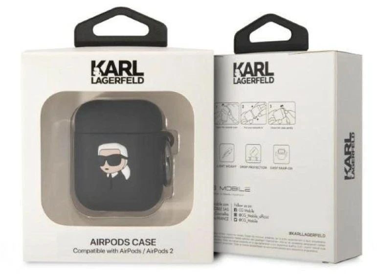 Karl Lagerfeld KLA2RUNIKK AirPods 1/2 dėklas juodas/juodas Silikonas Karl galva 3D