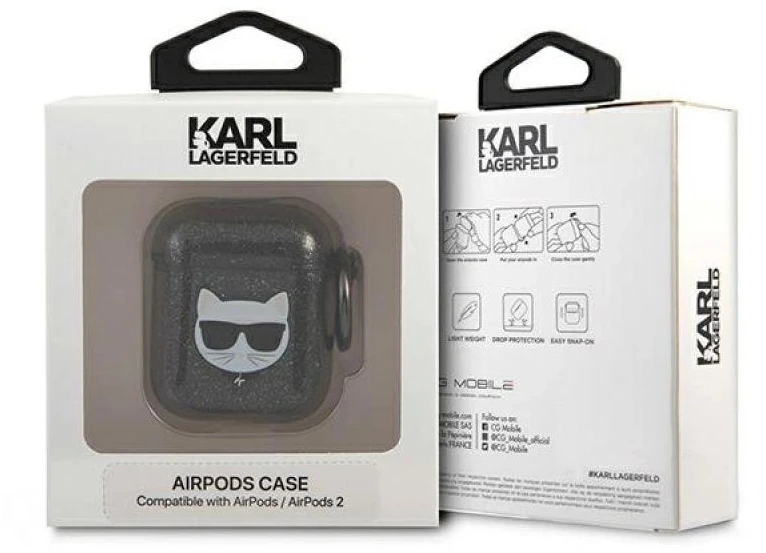 Karl Lagerfeld KLA2UCHGK AirPods 1/2 dėklas juodas/juodas su blizgučiais Choupette