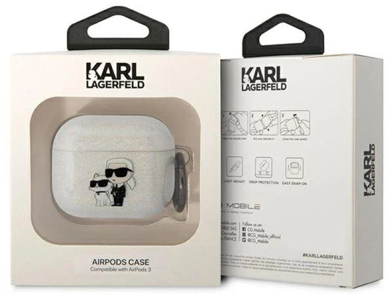 Karl Lagerfeld KLA3HNKCTGT Airpods 3 dėklas permatomas su blizgučiais Karl&Choupette