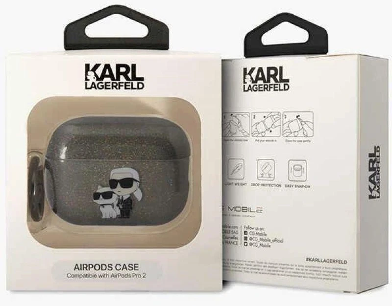 Karl Lagerfeld KLAP2HNKCTGK Airpods Pro 2 (2022/2023) dėklas juodos spalvos Glitter Karl&Choupette