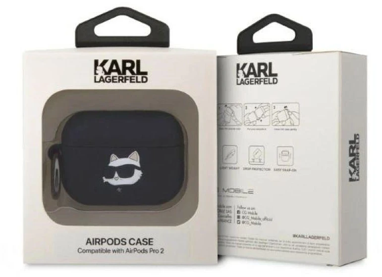 Karl Lagerfeld KLAP2RUNCHK AirPods Pro 2 dėklas, juodas/juodas Silikoninis Choupette galvos 3D dizainas