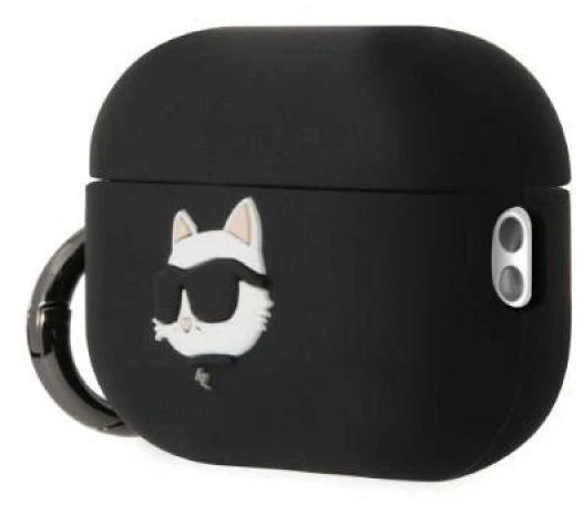 Karl Lagerfeld KLAP2RUNCHK AirPods Pro 2 dėklas, juodas/juodas Silikoninis Choupette galvos 3D dizainas