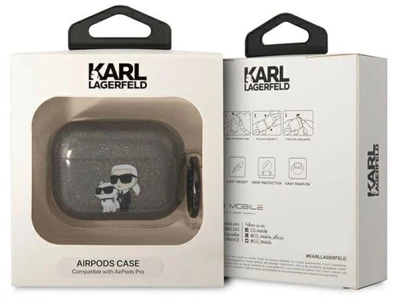 Karl Lagerfeld KLAPHNKCTGK Airpods Pro dėklas juodos spalvos Glitter Karl&Choupette