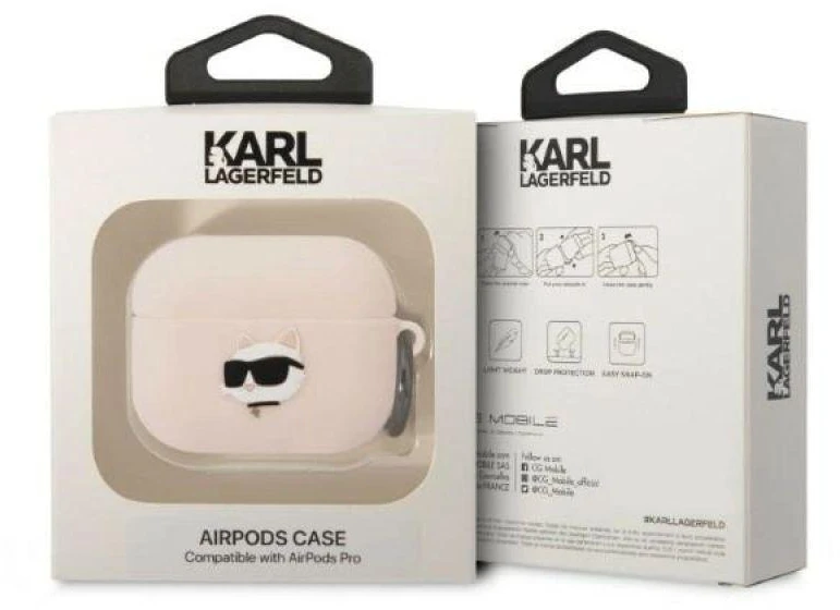 Karl Lagerfeld KLAPRUNCHP silikoninis AirPods Pro dėklas, rožinis/rožinis, su 3D Choupette galva