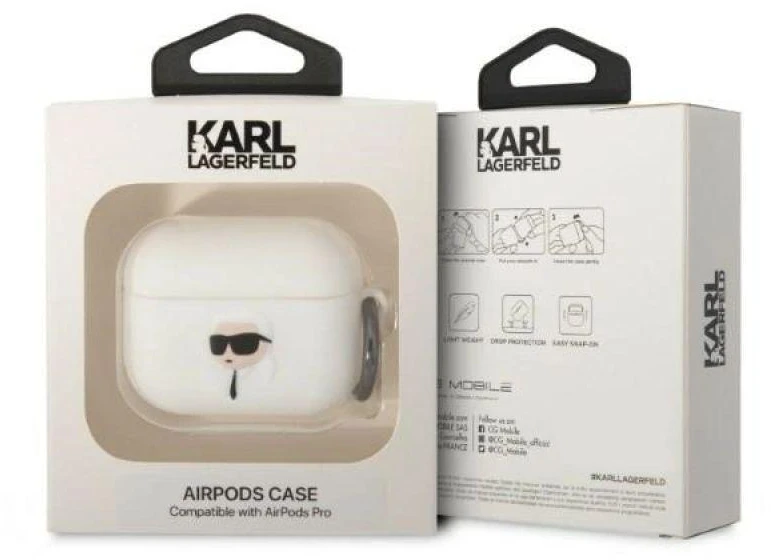 Karl Lagerfeld KLAPRUNIKH AirPods Pro dėklas, baltas, silikono, 3D Karl Head