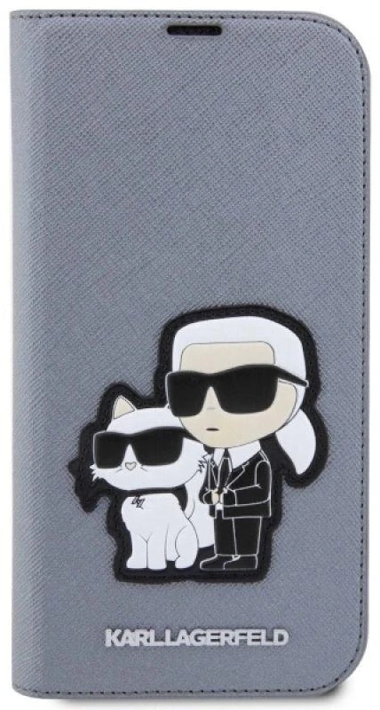 Karl Lagerfeld KLBKP14LSANKCPG Apple iPhone 14 Pro 6.1″ bookdėklas sidabrinis Saffiano Karl & Choupette