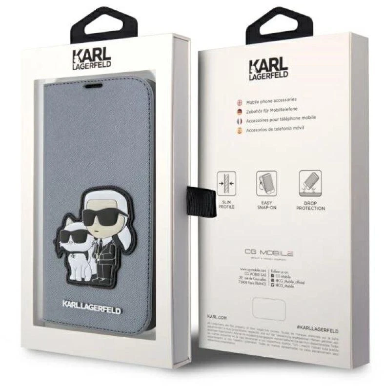 Karl Lagerfeld KLBKP14LSANKCPG Apple iPhone 14 Pro 6.1″ bookdėklas sidabrinis Saffiano Karl & Choupette