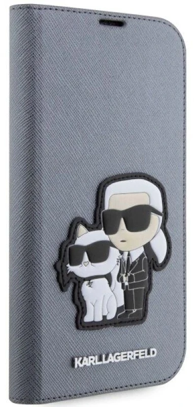 Karl Lagerfeld KLBKP14LSANKCPG Apple iPhone 14 Pro 6.1″ bookdėklas sidabrinis Saffiano Karl & Choupette