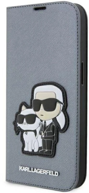 Karl Lagerfeld KLBKP14LSANKCPG Apple iPhone 14 Pro 6.1″ bookdėklas sidabrinis Saffiano Karl & Choupette