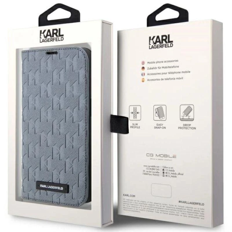 Karl Lagerfeld KLBKP14SSAKLHPG Apple iPhone 14 15 13 6.1″ bookdėklas sidabrinis Saffiano Monogram
