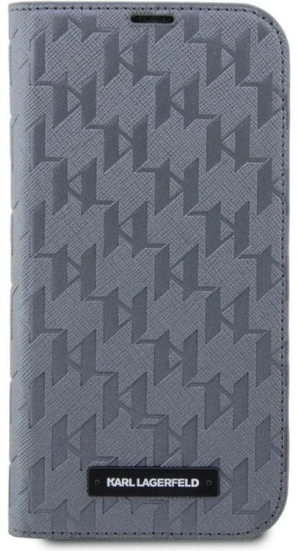 Karl Lagerfeld KLBKP14SSAKLHPG Apple iPhone 14 15 13 6.1″ bookdėklas sidabrinis Saffiano Monogram