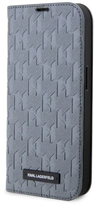 Karl Lagerfeld KLBKP14SSAKLHPG Apple iPhone 14 15 13 6.1″ bookdėklas sidabrinis Saffiano Monogram
