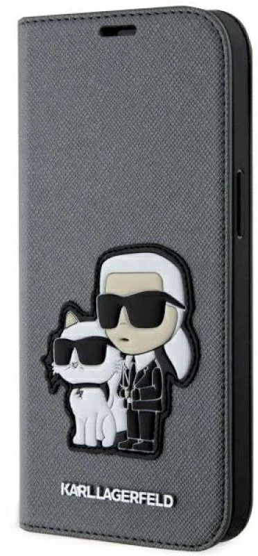 Karl Lagerfeld KLBKP14SSANKCPG Apple iPhone 14 15 13 6.1″ bookdėklas sidabrinis Saffiano Karl & Choup