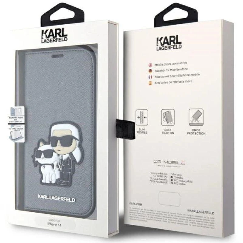 Karl Lagerfeld KLBKP14SSANKCPG Apple iPhone 14 15 13 6.1″ bookdėklas sidabrinis Saffiano Karl & Choup