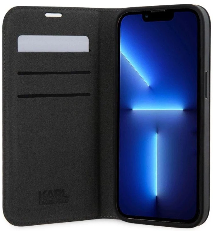 Karl Lagerfeld KLBKP14SSANKCPG Apple iPhone 14 15 13 6.1″ bookdėklas sidabrinis Saffiano Karl & Choup