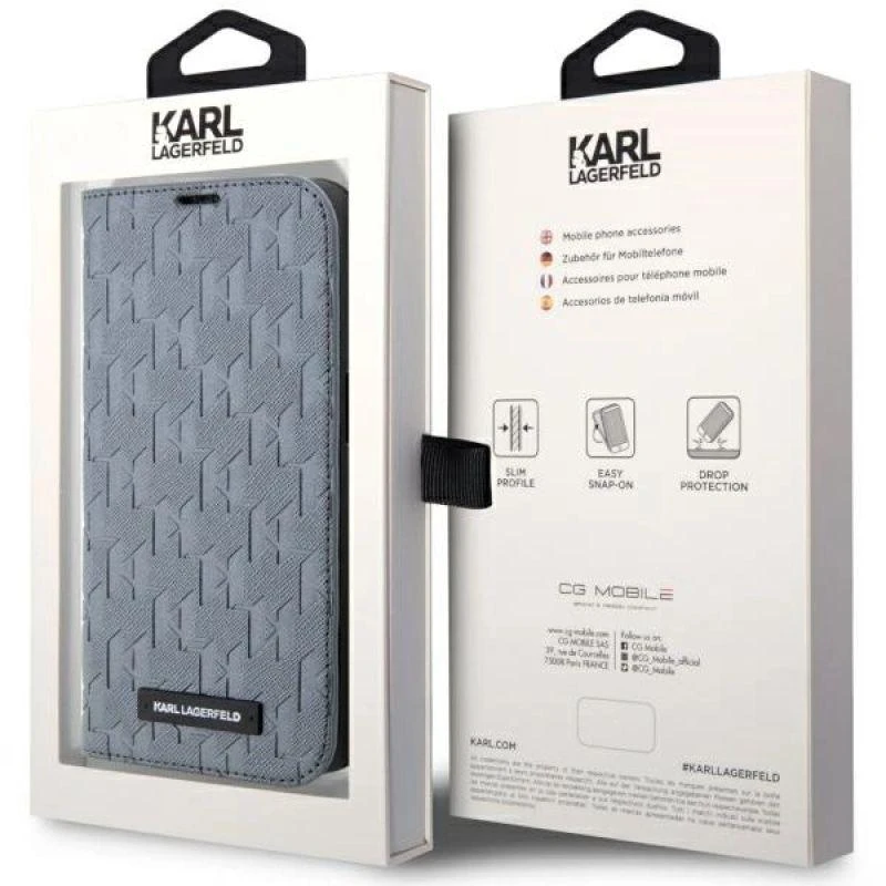 Karl Lagerfeld KLBKP14XSAKLHPG Apple iPhone 14 Pro Max 6.7″ bookdėklas sidabrinis Saffiano Monogram