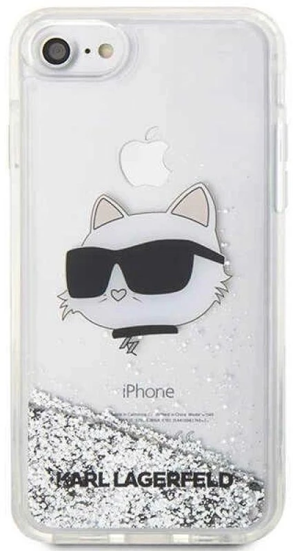 Karl Lagerfeld dėklas, skirtas iPhone 7 / 8 / SE KLHCI8LNCHCS sidabrinis HC skystas blizgus NFT Choupette galvutė
