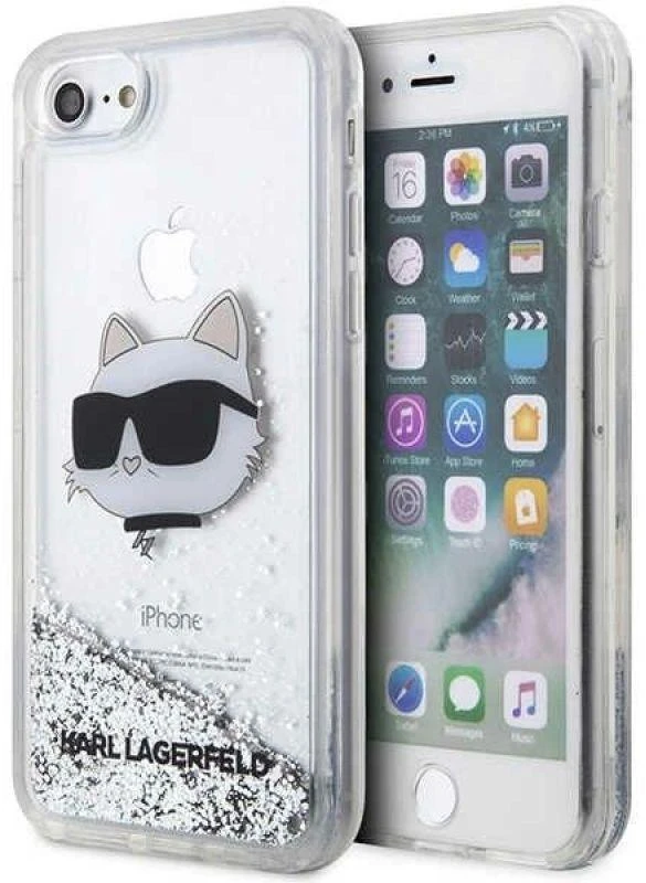 Karl Lagerfeld dėklas, skirtas iPhone 7 / 8 / SE KLHCI8LNCHCS sidabrinis HC skystas blizgus NFT Choupette galvutė
