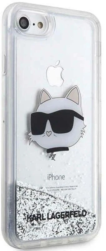 Karl Lagerfeld dėklas, skirtas iPhone 7 / 8 / SE KLHCI8LNCHCS sidabrinis HC skystas blizgus NFT Choupette galvutė