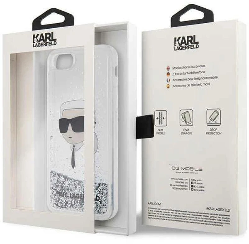 Karl Lagerfeld KLHCI8LNKHCH Apple iPhone 7/8/SE 2020 / SE 2022 sidabrinis kietas dėklas Glitter Karl Head