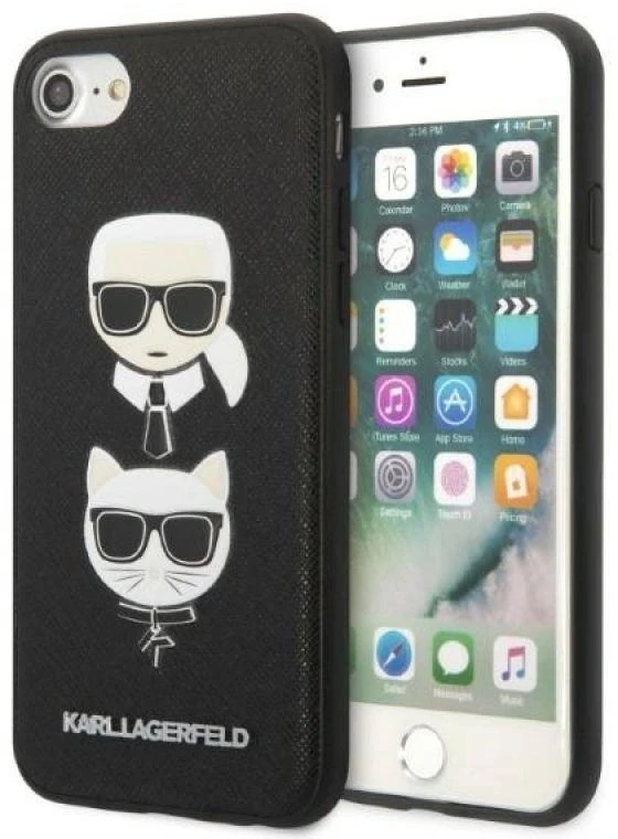 Karl Lagerfeld KLHCI8SAKICKCBK iPhone 7/8 / SE 2020 / SE 2022 juodas/juodas kietas dėklas Saffiano Ikonik Karl&Choupette Head