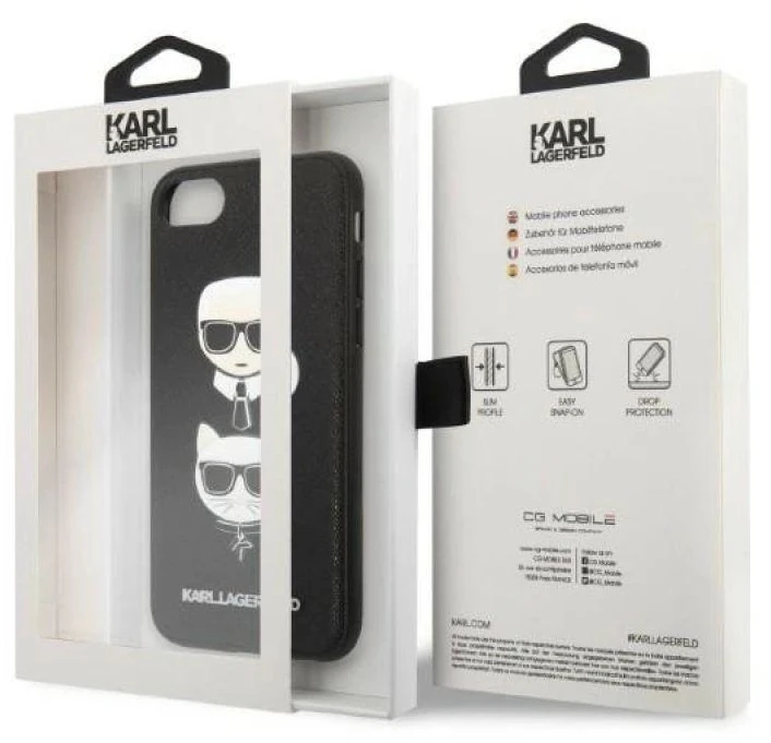 Karl Lagerfeld KLHCI8SAKICKCBK iPhone 7/8 / SE 2020 / SE 2022 juodas/juodas kietas dėklas Saffiano Ikonik Karl&Choupette Head