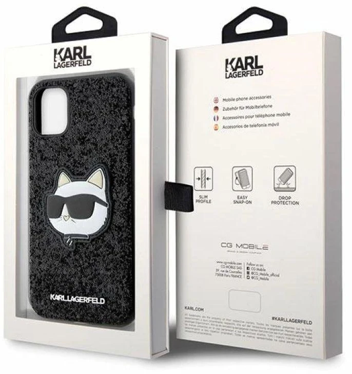Karl Lagerfeld KLHCN61G2CPK Apple iPhone 11 /Xr 6.1″ juodos spalvos kietas dėklas Glitter Choupette Patch