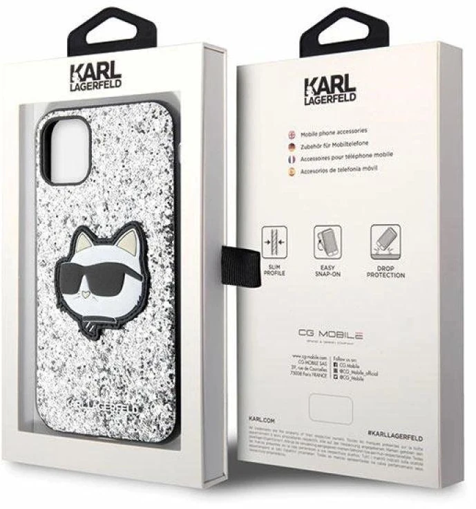 Karl Lagerfeld KLHCN61G2CPS Apple iPhone 11 /Xr 6.1″ sidabrinis kietas dėklas Glitter Choupette Patch