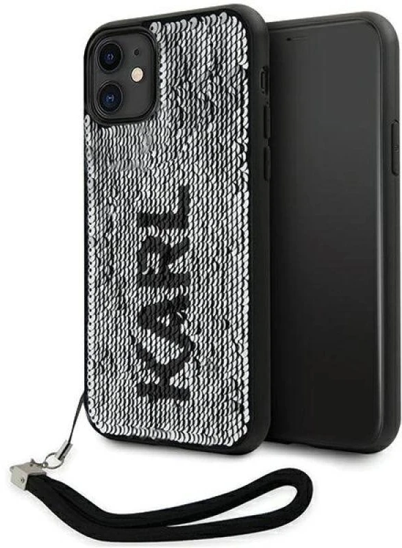 Karl Lagerfeld KLHCN61PSQRKS Apple iPhone 11 /Xr 6,1″ sidabrinis kietas dėklas Sequins Cord