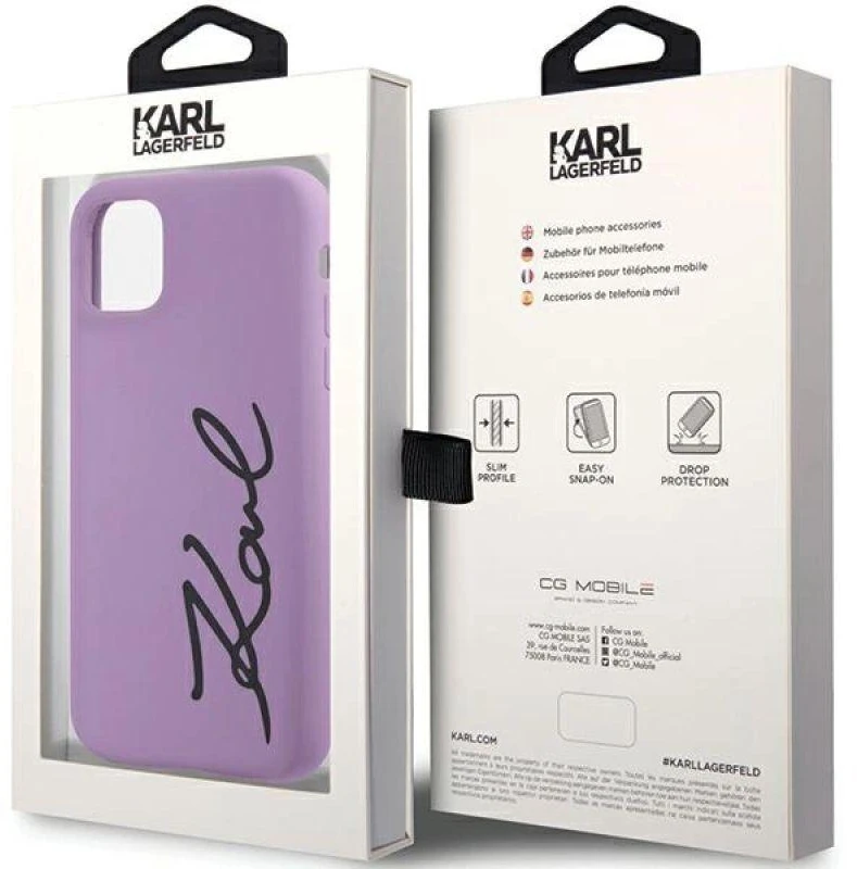 Karl Lagerfeld dėklas, skirtas iPhone 11 / Xr KLHCN61SKSVGU purpurinis kietas dėklas Silikoninis parašas