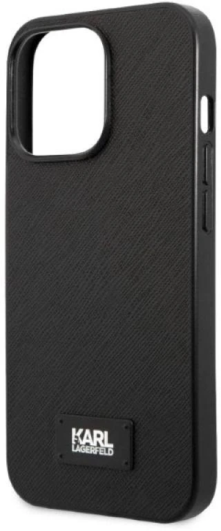Karl Lagerfeld KLHCP13LSFMP2K Apple iPhone 13 Pro / 13 6,1″ kietas dėklas juodos spalvos Saffiano Plaque