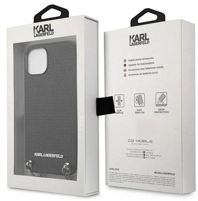 Karl Lagerfeld KLHCP13SPMK Apple iPhone 13 mini 5,4″ kietas dėklas juodos spalvos Leather Textured and Chain