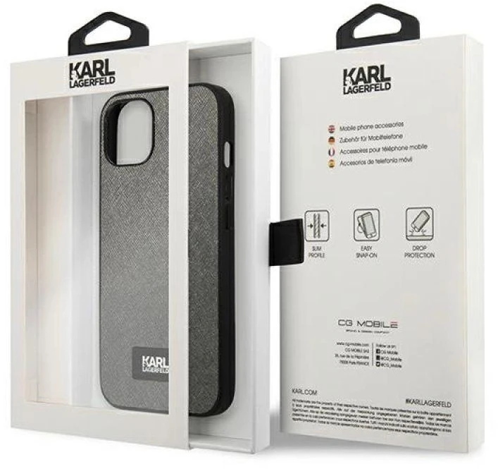 Karl Lagerfeld KLHCP13SSFMP2DG Apple iPhone 13mini 5,4″ kietas dėklas sidabrinis Saffiano Plaque