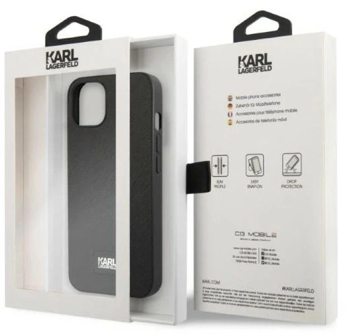 Karl Lagerfeld KLHCP13SSFMP2K Apple iPhone 13 mini 5,4″ kietas dėklas juodos spalvos Saffiano Plaque