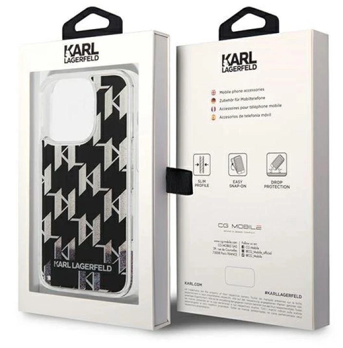 Karl Lagerfeld KLHCP14LLMNMK iPhone 14 Pro 6,1″ kietas dėklas juodos spalvos Liquid Glitter Monogram