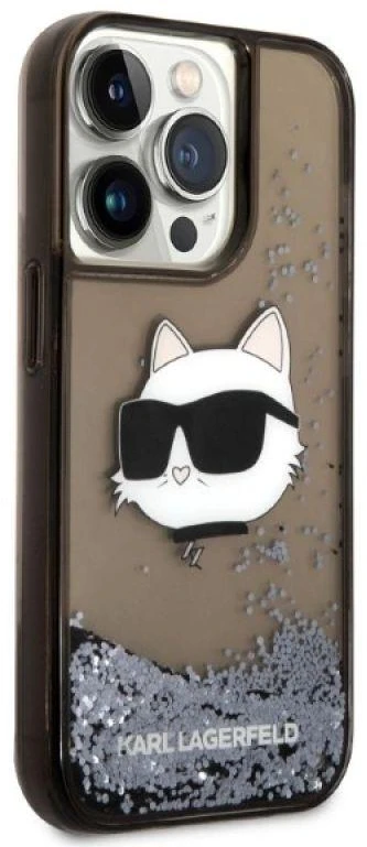 Karl Lagerfeld dėklas, skirtas iPhone 14 Pro 6,1 KLHCP14LLNCHCK juodas kietas dėklas, skirtas Liquid Glitter NFT Choupette Head