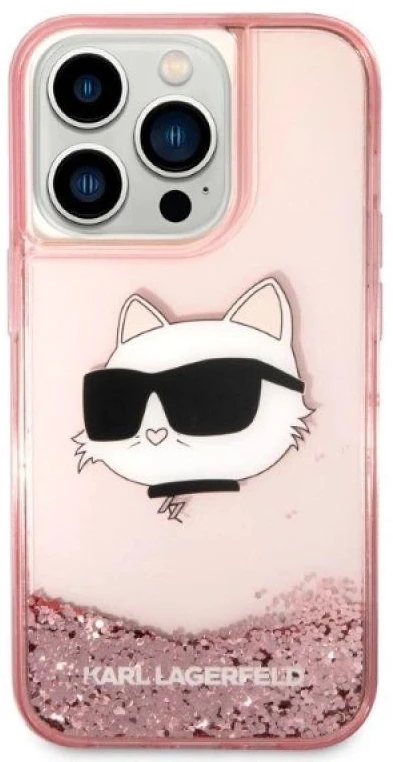 Karl Lagerfeld KLHCP14LLNCHCP Apple iPhone 14 Pro 6,1″ rožinės spalvos kietas dėklas Glitter Choupette Head