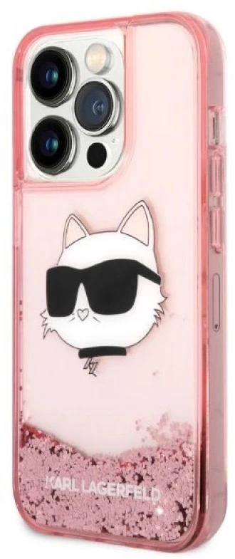 Karl Lagerfeld KLHCP14LLNCHCP Apple iPhone 14 Pro 6,1″ rožinės spalvos kietas dėklas Glitter Choupette Head