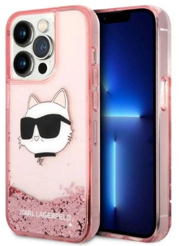 Karl Lagerfeld KLHCP14LLNCHCP Apple iPhone 14 Pro 6,1″ rožinės spalvos kietas dėklas Glitter Choupette Head