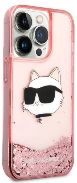 Karl Lagerfeld KLHCP14LLNCHCP Apple iPhone 14 Pro 6,1″ rožinės spalvos kietas dėklas Glitter Choupette Head