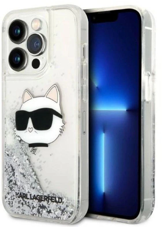 Karl Lagerfeld KLHCP14LLNCHCS iPhone 14 Pro 6,1″ sidabrinis kietas dėklas Glitter Choupette Head