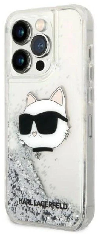 Karl Lagerfeld KLHCP14LLNCHCS iPhone 14 Pro 6,1″ sidabrinis kietas dėklas Glitter Choupette Head