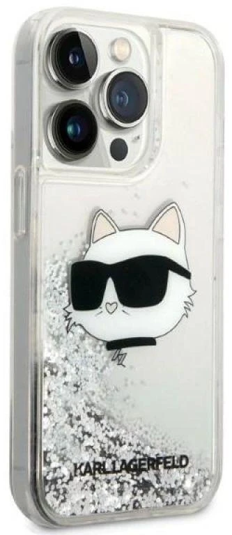 Karl Lagerfeld KLHCP14LLNCHCS iPhone 14 Pro 6,1″ sidabrinis kietas dėklas Glitter Choupette Head
