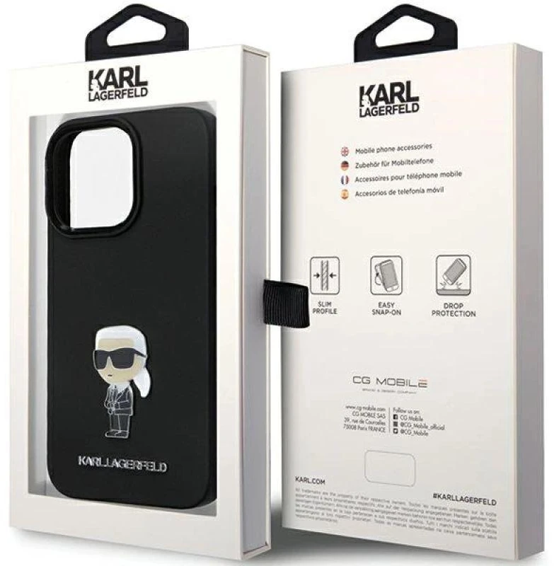 Dėklas Karl Lagerfeld KLHCP14LSMHKNPK Apple iPhone 14 Pro 6.1″ juodos spalvos Silicone Ikonik Metal Pin